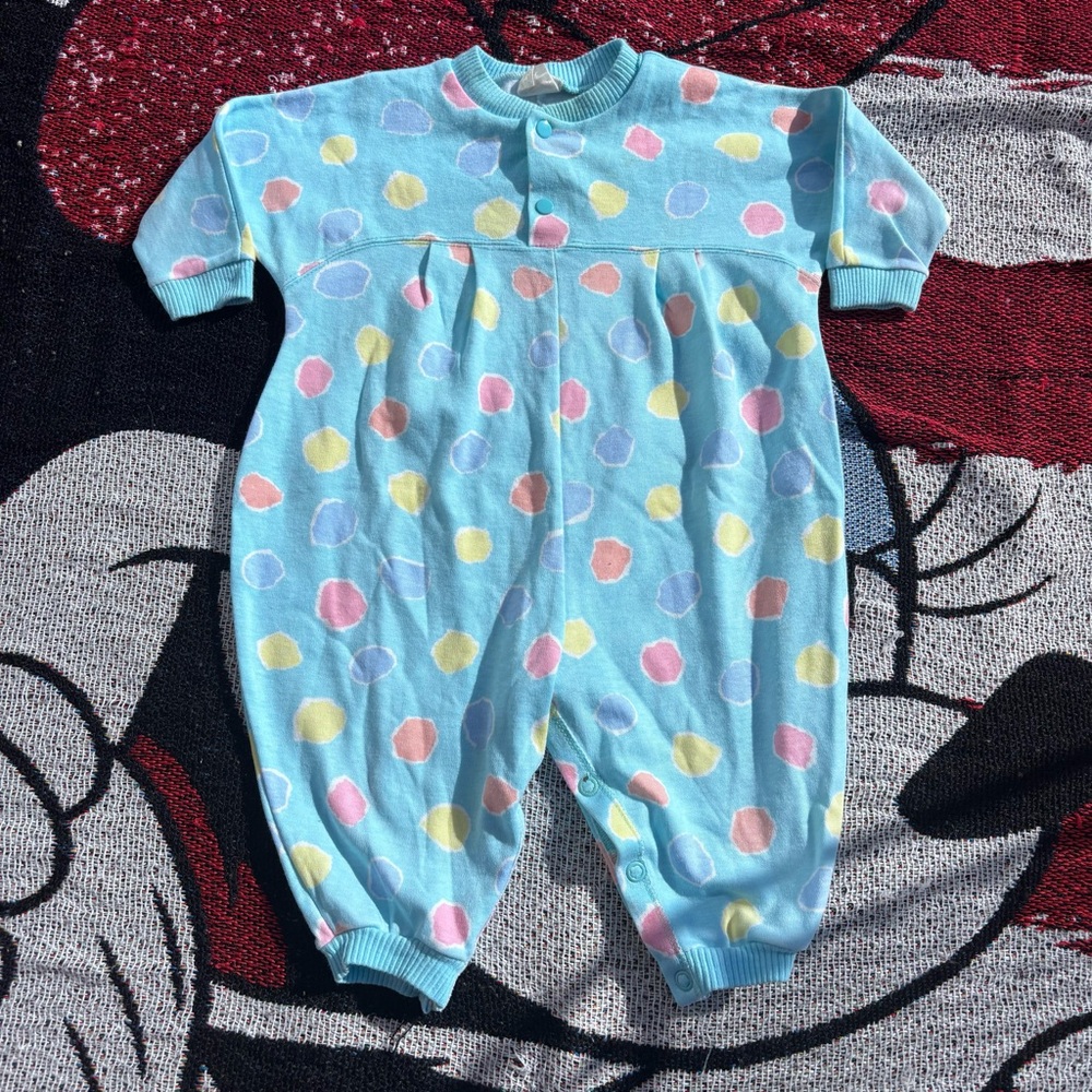 VINTAGE ONEITA KIDS BLUE GRAPHIC PRINT ONE PIECE PAJAMAS ROMPER SIZE 12 MONTHS